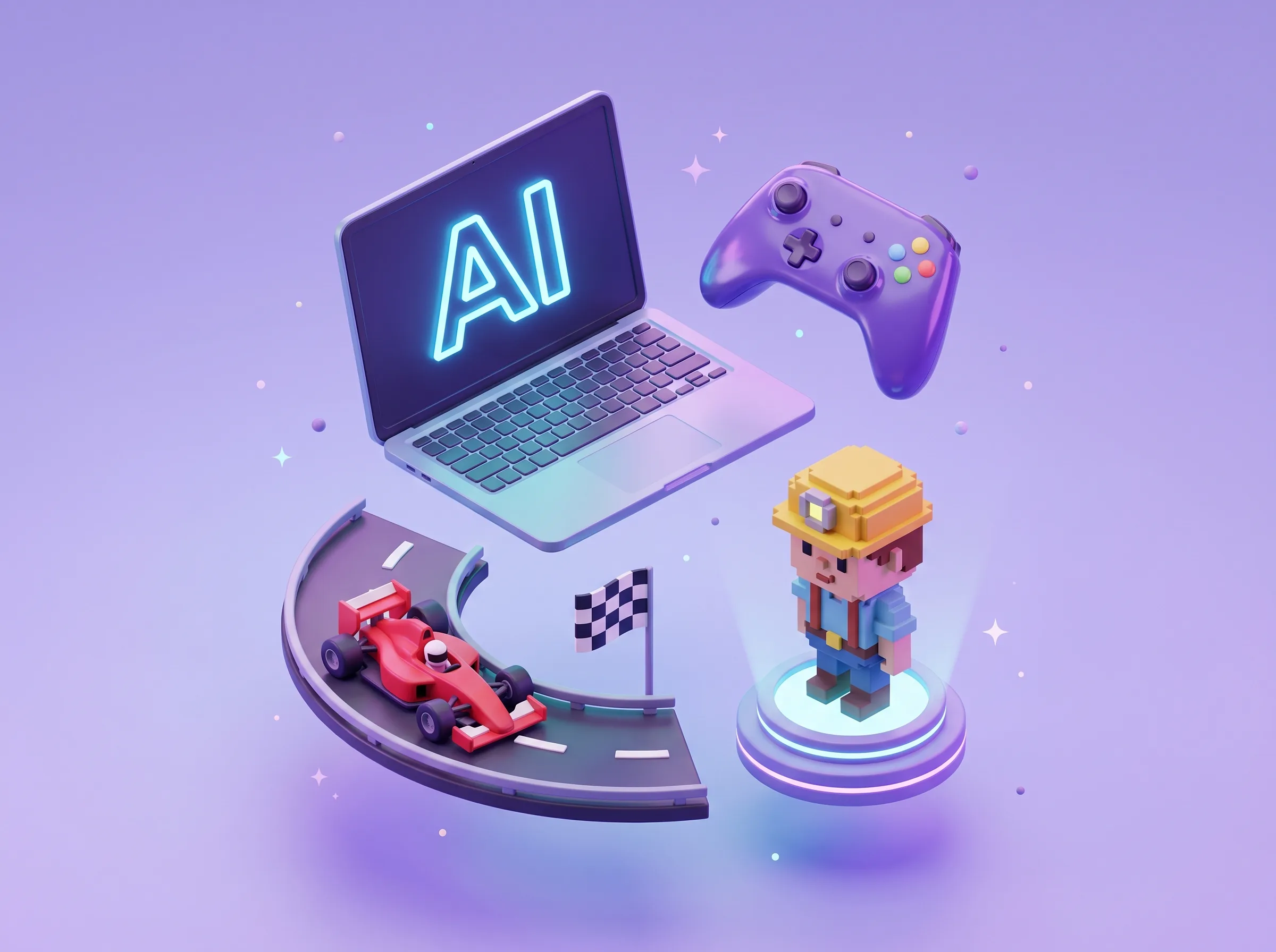 AI Academy 3D 일러스트 — 노트북 AI 화면, 게임 컨트롤러, 레이싱 카, 픽셀 캐릭터